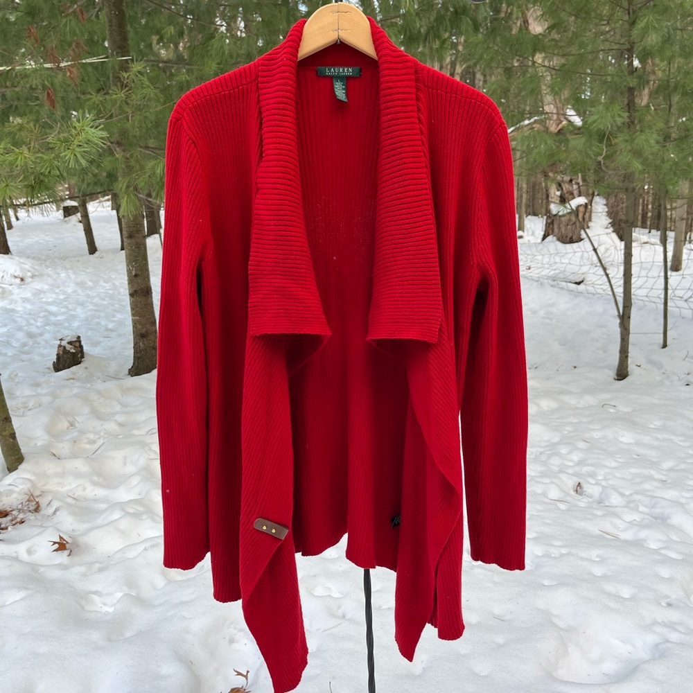 Y2K Lauren Ralph Lauren Cotton Ribbed Knit Wrap Cardigan Sweater Red Buckle